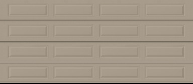 Heritage Long garage door in Sandtone shown on a Cloud White house